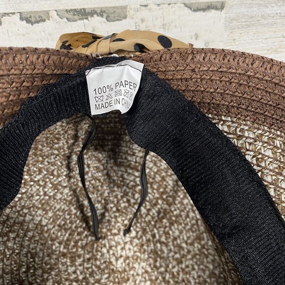 Women's Straw Sun Hat Women's OS Marbled Brown Tan Black Polka Dot Accent Scarf - Picture 5 of 6
